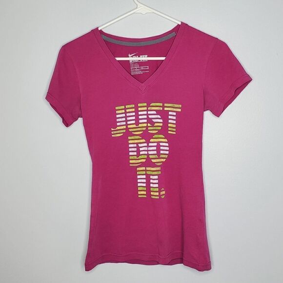 Nike XS Slim Fit Dri Fit Athletic Shirt Magenta Green Yellow White Just Do It - Picture 3 of 9